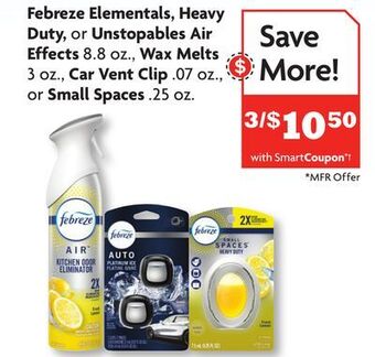 Family Dollar Febreze elementals, heavy duty, or unstopables air effects 8.8 oz., wax melts 3 oz., car vent clip. 07 oz., or small spaces. offer