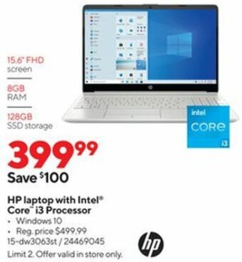 Staples HP Laptop With Intel Core i3 Processor 15-DW3063st offer