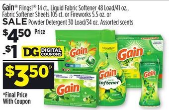 Dollar General Gain® flings!®, liquid fabric softener, fabric softener sheets or fireworks or powder detergent offer