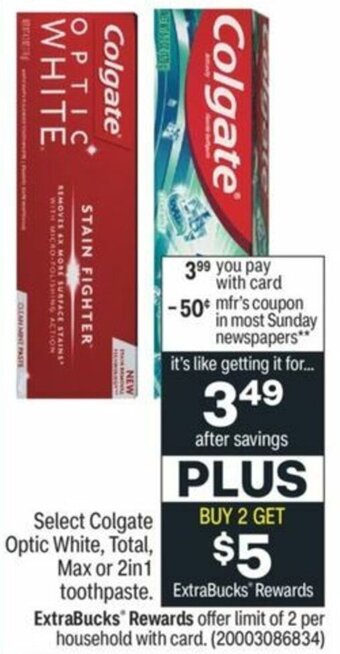 CVS Colgate Optic White,Total,Max or 2in1 Toothpaste offer