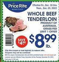 Price Rite Whole beef tenderloin offer