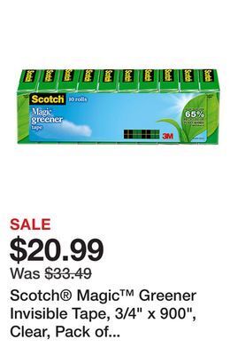 Office Depot Scotch® magic™ greener invisible tape, 3/4" x 900", clear, pack of 10 rolls offer