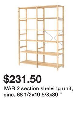 Ikea Ivar 2 section shelving unit, pine, 68 1/2x19 5/8x89 " offer