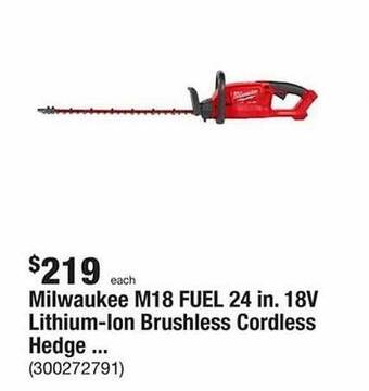 The Home Depot Milwaukee m18 fuel 24 in. 18v lithium-ion brushless cordless hedge offer
