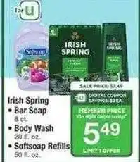 Safeway Irish spring bar soap, body wash or softsoap refills offer