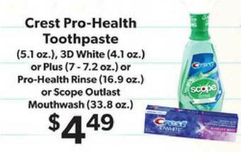 Supermercado Nuestra Familia Crest Pro-Health Toothpaste 3D White Or Plus Or Pro-Health Rinse Or Scope Outlast Mouthwash offer