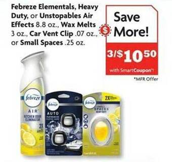 Family Dollar Febreze elementals, heavy duty, or unstopables air effects, wax melts, car vent clip or small spaces offer