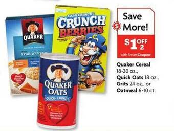 Family Dollar Quaker cereal, quick oats, grits or oatmeal offer