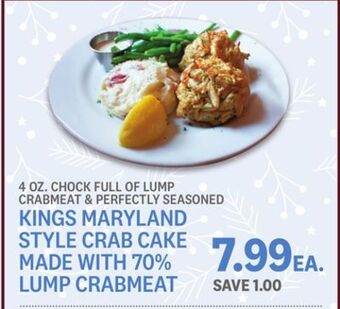 Kings Food Markets Kings maryland style crab cake made with 70% lump crabmeat offer