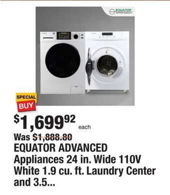 The Home Depot Equator advanced appliances 24 in. wide 110v white 1.9 cu. ft. laundry center and 3.5 cu. ft. dryer electric offer