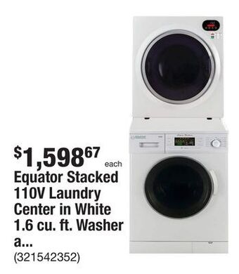 The Home Depot Equator stacked 110v laundry center in white 1.6 cu. ft. washer and 2.6 cu. ft. electric compact dryer with accessories offer