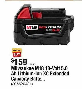 The Home Depot Milwaukee m18 18-volt 5.0 ah lithium-ion xc extended capacity batte offer