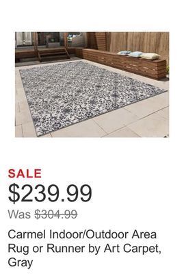 Costco Carmel indoor/outdoor area rug or runner by art carpet, gray offer