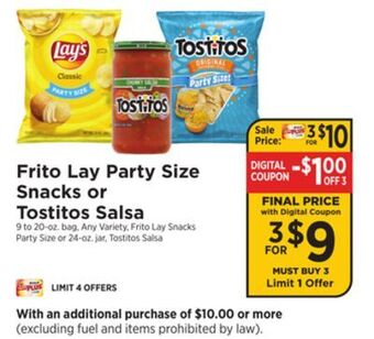 ShopRite Frito lay party size snacks or tostitos salsa offer