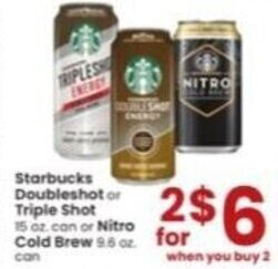 Albertsons Starbucks Double Shot or Triple Shot 15 oz. can or Nitro Cold Brew 9.6 oz. can offer