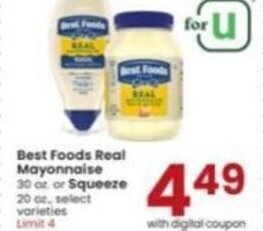 Albertsons Best Foods Real Mayonnaise 30 oz. or Squeeze 20 oz. offer