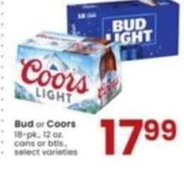 Albertsons Bud or Coors 18-pk., 12 oz. cans or btls. offer