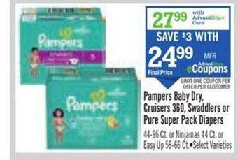 Price Chopper Pampers baby dry, cruisers 360, swaddlers or pure super pack diapers offer