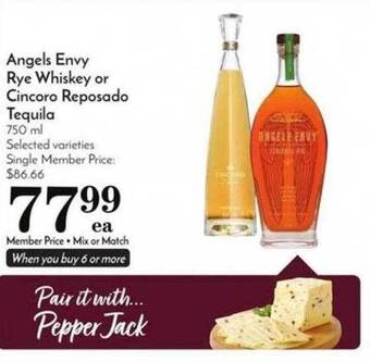 Pavilions Angels envy rye whiskey or cincoro reposado tequila offer