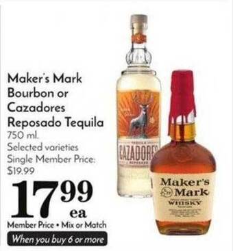 Pavilions Maker's mark bourbon or cazadores reposado tequila offer