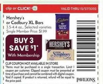 Pavilions Hershey's or cadbury xl bars offer