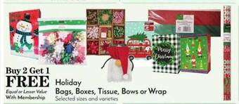 Pavilions Holiday bags, boxes, tissue, bows or wrap offer