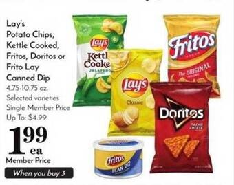 Pavilions Lay's potato chips, kettle cooked, fritos, doritos or frito lay canned dip offer
