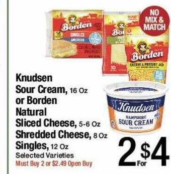 Jons International Knudsen sour cream, or borden natural sliced cheese, shredded cheese, singles offer
