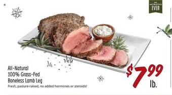 Sprouts Farmers Market All-natural 100% grass-fed boneless lamb leg offer