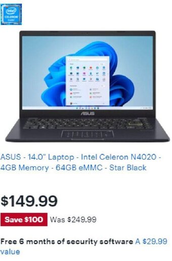 Best Buy Asus- 14.0" Laptop - Intel Celeron N4020- 4GB Memory-64GB eMMC-Star Black offer