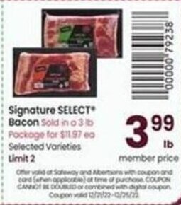 Safeway Signature Select Bacon offer
