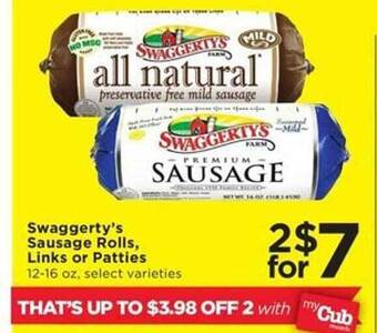 Cub Foods Swaggerty's sausage rolls, links or patties offer