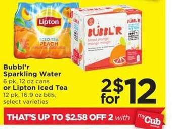 Cub Foods Bubbl'r sparkling water or lipton iced tea offer