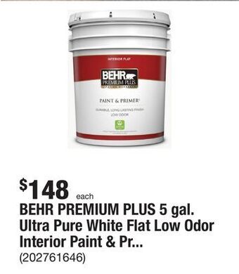 The Home Depot Behr premium plus 5 gal. ultra pure white flat low odor interior paint & primer offer