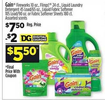 Dollar General Gain fireworks, flings! liquid laundry detergent, liquid fabric softener or fabric softener sheets offer