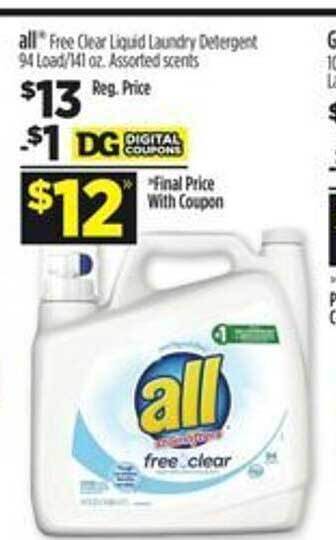 Dollar General All free clear liquid laundry detergent offer