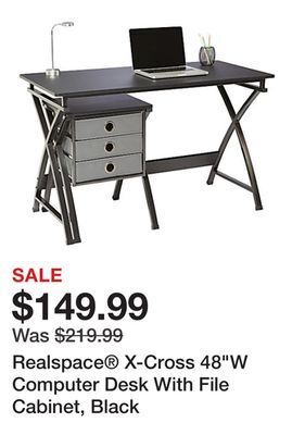 Office Depot Realspace® x-cross 48"w computer desk with file cabinet, black offer