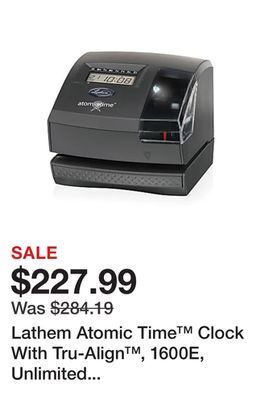 Office Depot Lathem atomic time™ clock with tru-align™, 1600e, unlimited employees, 5.7"h x 6.3"w x 7.2"d, gray offer