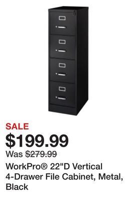 Office Depot Workpro® 22"d vertical 4-drawer file cabinet, metal, black offer