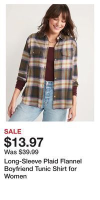 Old Navy Long-sleeve plaid flannel boyfriend tunic shirt for women offer