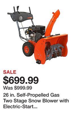 Tractor Supply Company 26 in. self-propelled gas two stage snow blower with electric-start and dashboard offer