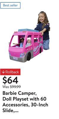 Walmart Barbie camper, doll playset with 60 accessories, 30-inch slide, dream camper offer
