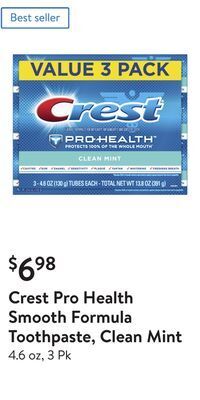 Walmart Crest pro health smooth formula toothpaste, clean mint offer
