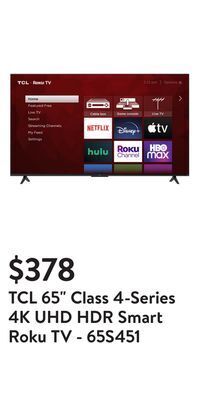 Walmart Tcl 65" class 4-series 4k uhd hdr smart roku tv - 65s451 offer