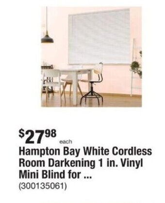 The Home Depot Hampton Bay White Cordless Room Darkening 1 in. Vinyl Mini Blind for... offer