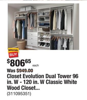 The Home Depot Closet evolution dual tower 96 in. w - 120 in. w classic white wood closet system offer