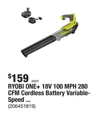 The Home Depot Ryobi one+ 18v 100 mph 280 cfm cordless battery variable-speed jet fan leaf blower with 4.0 ah battery and charger offer