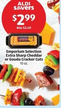Aldi Emporium Selection Extra Sharp Cheddar or Gouda Cracker Cuts 10 oz. offer
