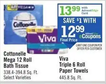 Price Chopper Cottonelle mega 12 roll bath tissue, viva triple 6 roll paper towels offer