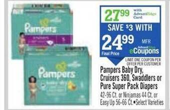 Price Chopper Pampers baby dry, cruisers 360, swaddlers or pure super pack diapers offer